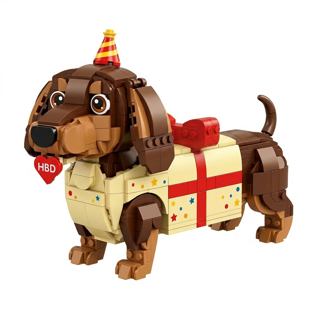 Birthday Gift Dachshund Brick Set | Cute Sausage Dog in Present Box Building Kit for Adults