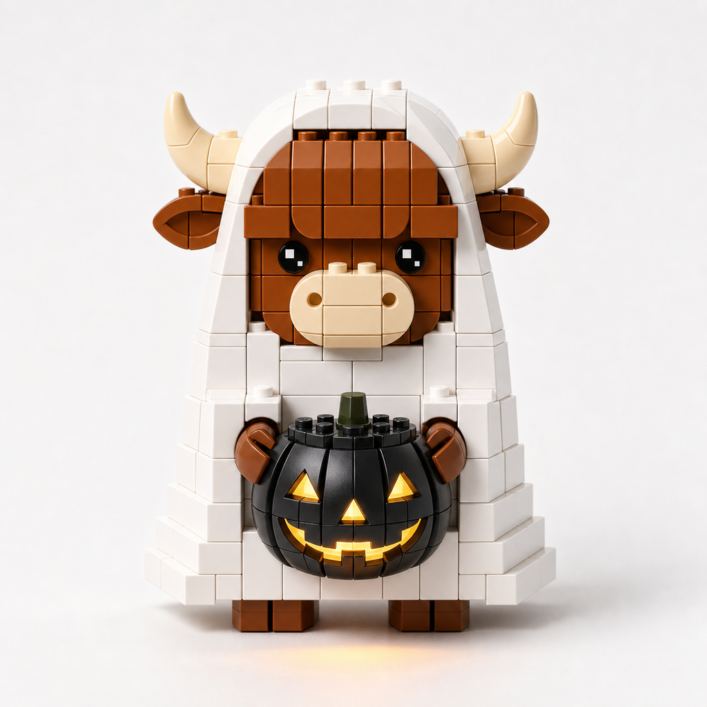 🐮👻 Midnight Pumpkin Highland Cow Ghost Brick Set 🎃✨