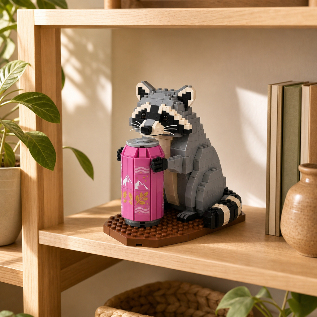 Cheers Raccoon Brick Building Set – Pink Can Display Collectible & Gift