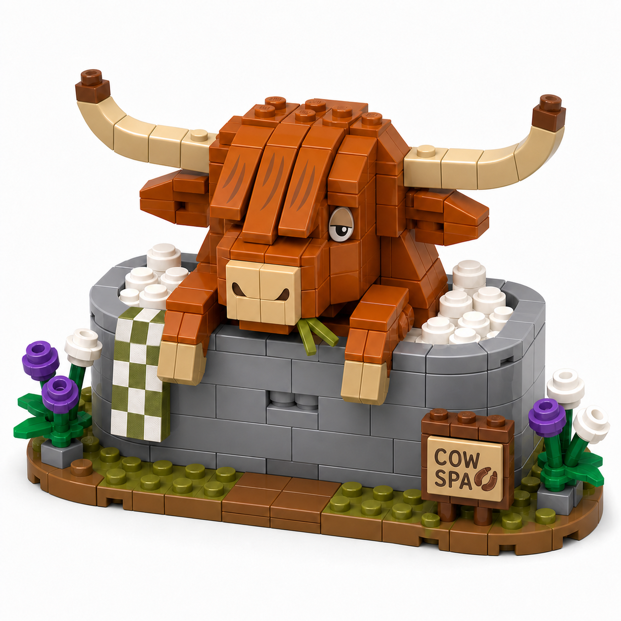 Highland Cow Spa Brick Set | Funny Farm Animal Bath Display Building Kit for Adults