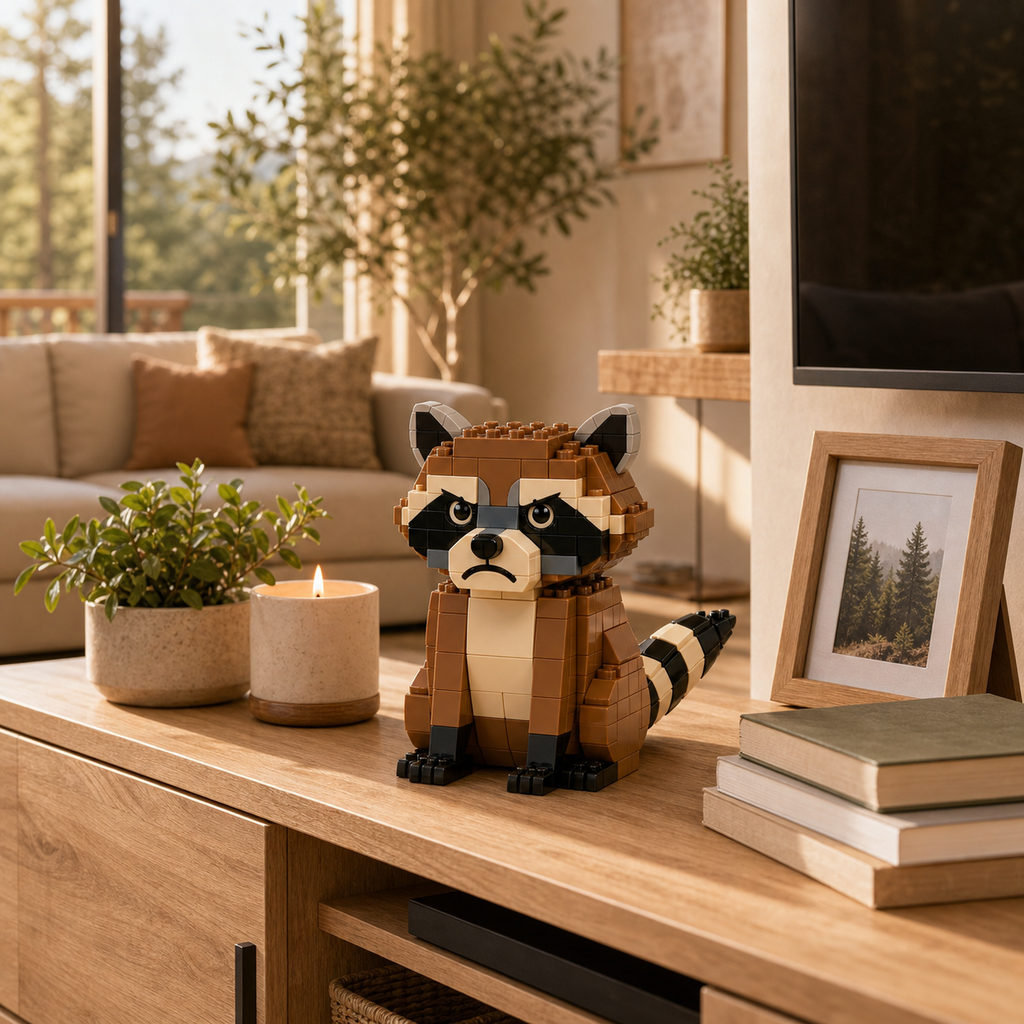 🦝 Grumpy Raccoon Brick Building Kit, Multi-Scene Decor – Perfect Family DIY Craft, Birthday Gift for Friends & Parents, Farmhouse Cabin Tabletop Ornament