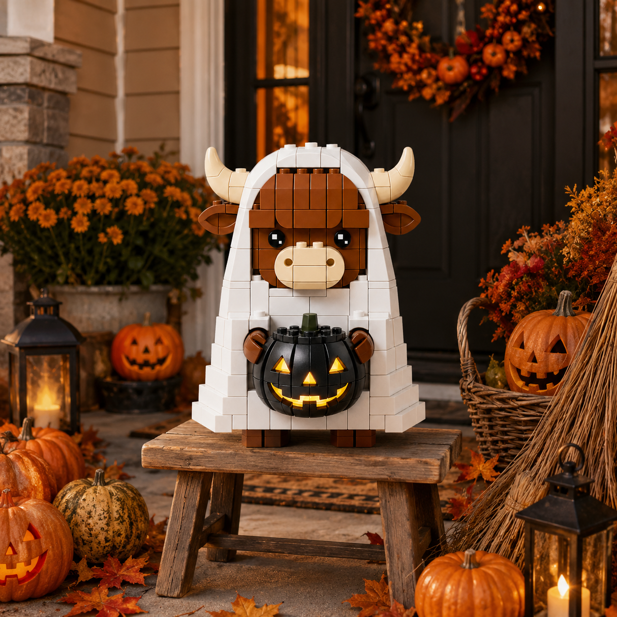 🐮👻 Midnight Pumpkin Highland Cow Ghost Brick Set 🎃✨