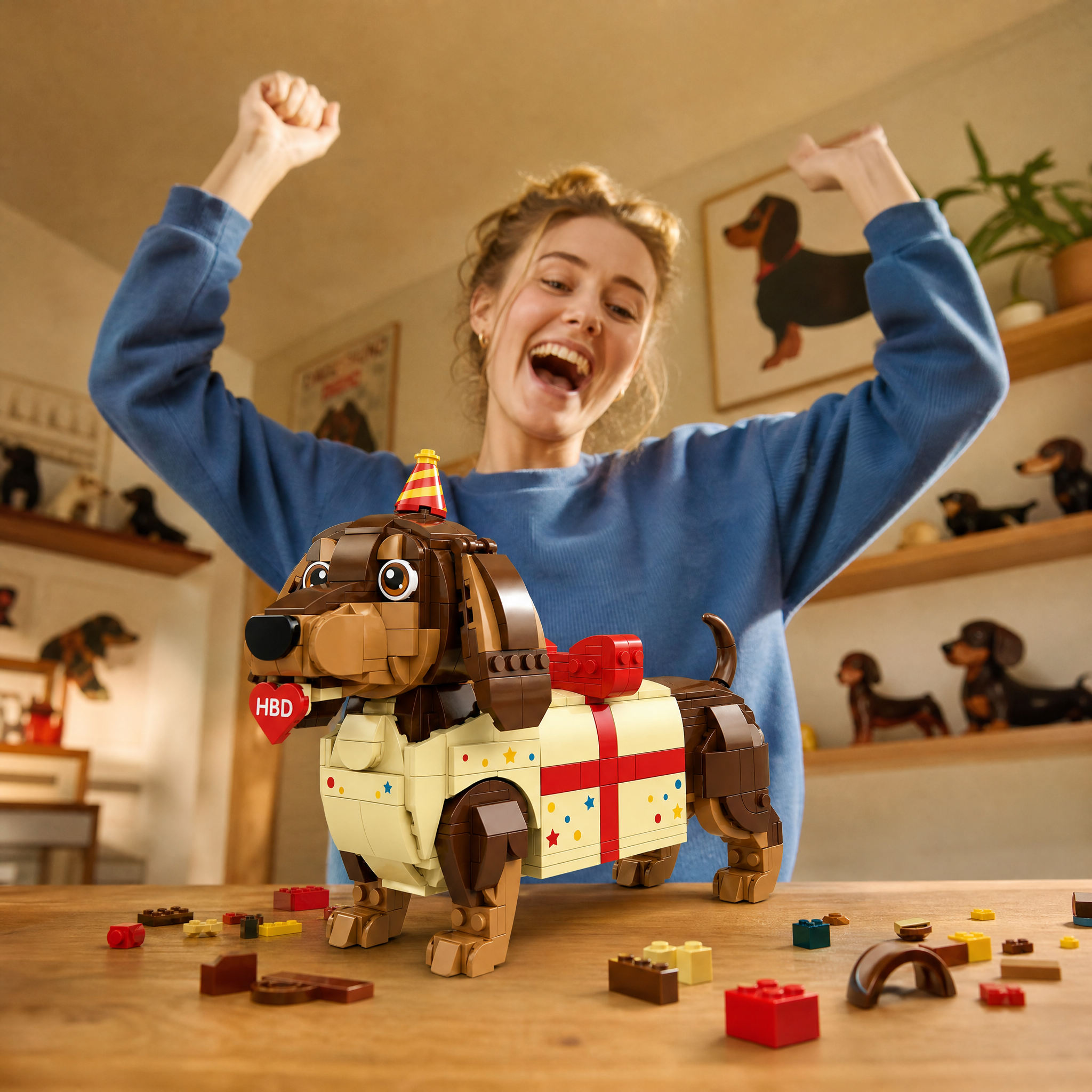 Birthday Gift Dachshund Brick Set | Cute Sausage Dog in Present Box Building Kit for Adults