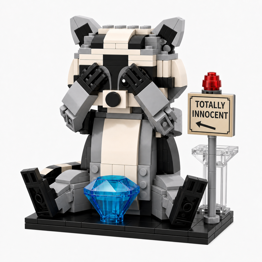 Totally Innocent Raccoon Heist Brick Set | Funny Animal Display Building Kit for Adults