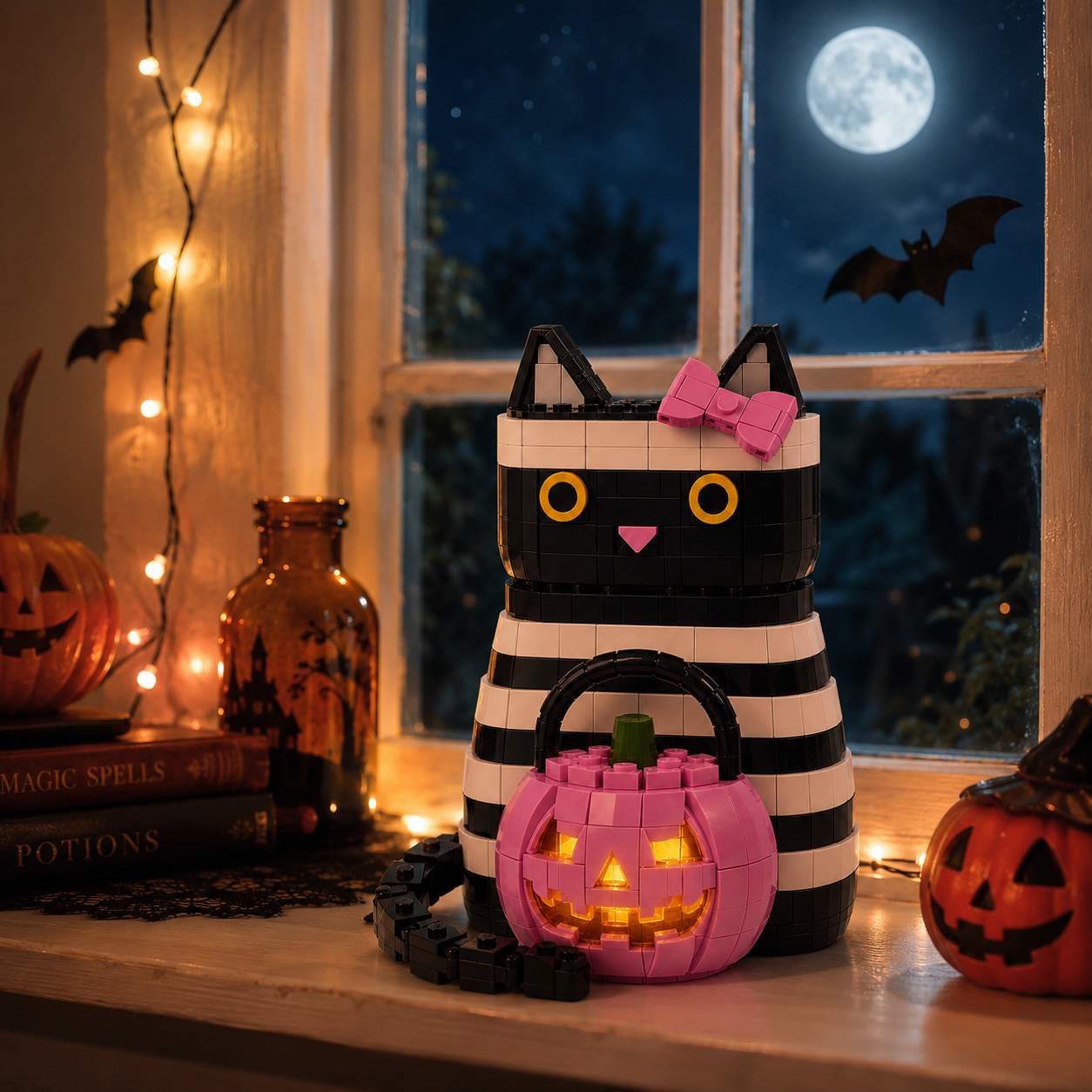 🎃🐱 Halloween Mummy Cat Brick Set with Pink Pumpkin Lantern