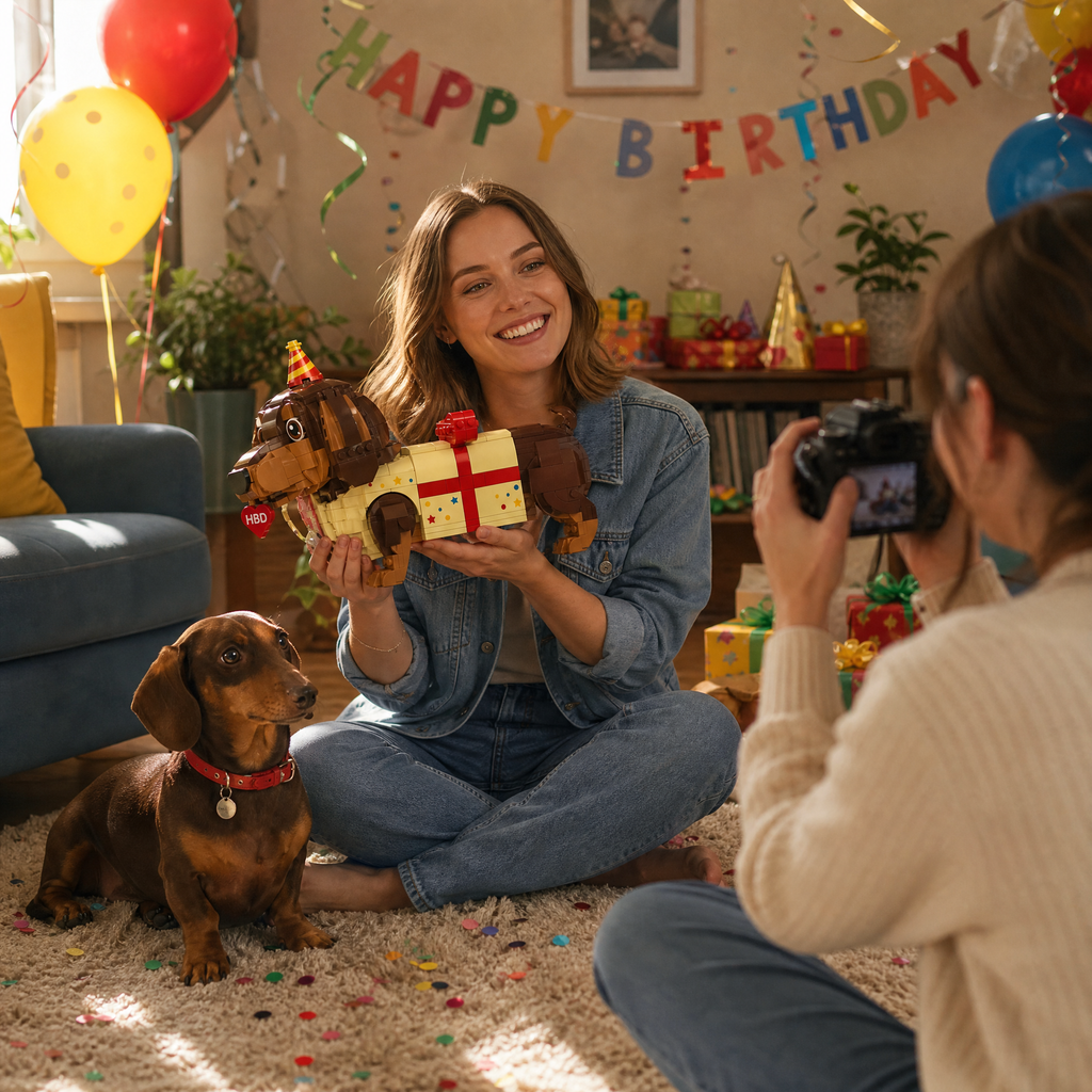 Birthday Gift Dachshund Brick Set | Cute Sausage Dog in Present Box Building Kit for Adults
