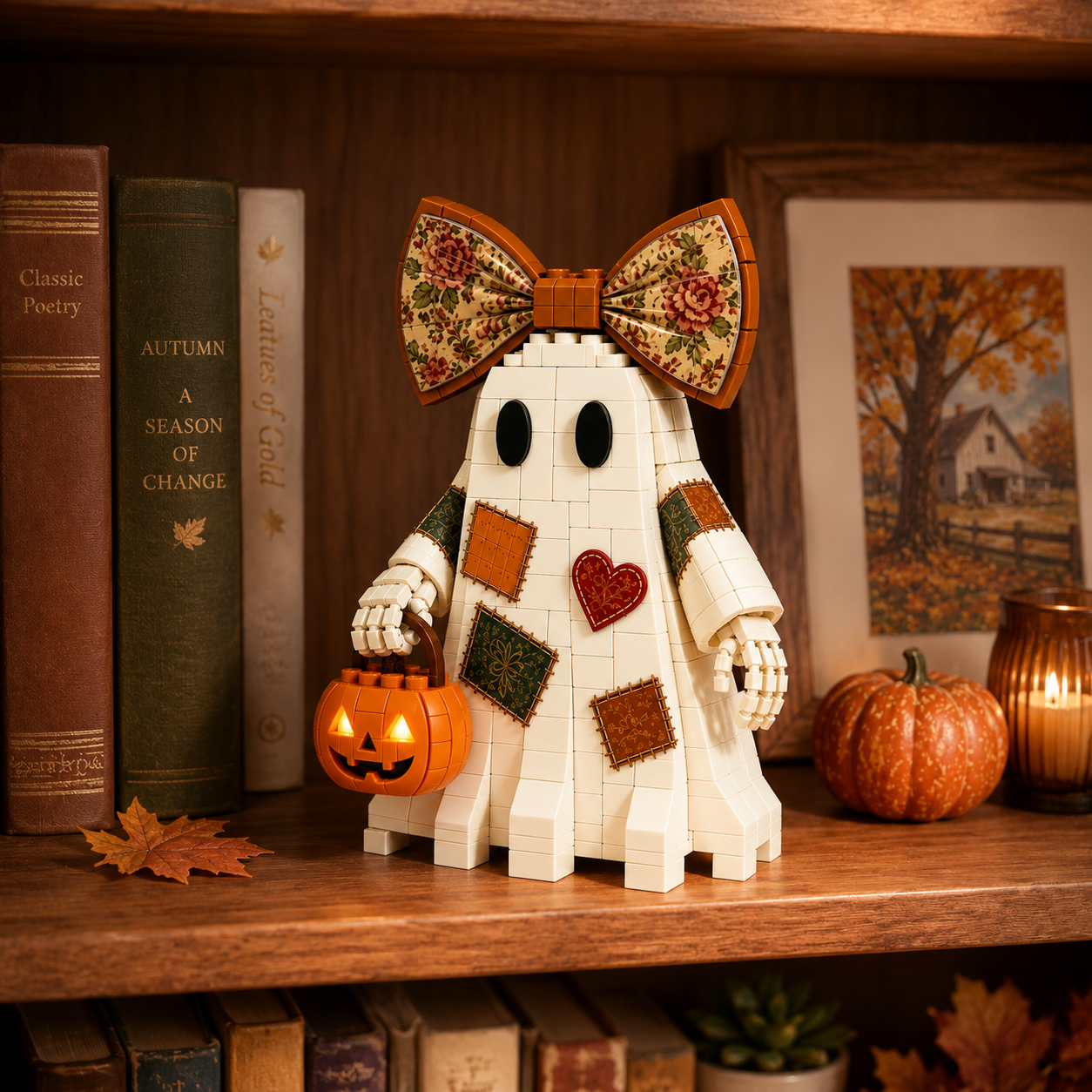 👻🎀 Collectible Country Floral Bow Ghost Brick Set With Pumpkin Pail 🎃✨