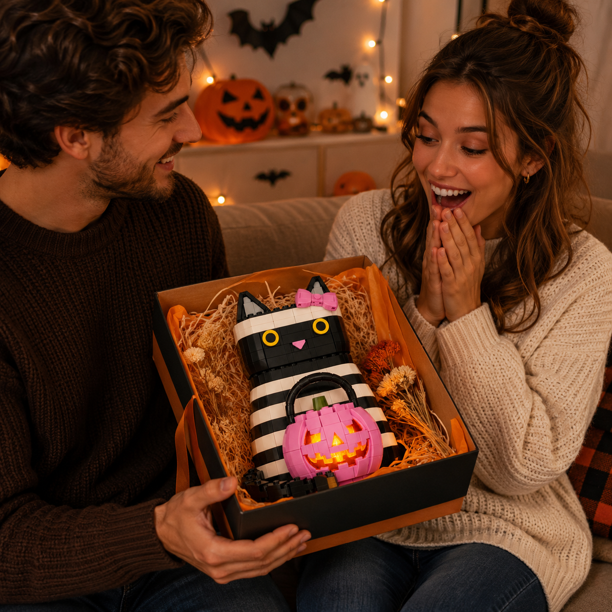🎃🐱 Halloween Mummy Cat Brick Set with Pink Pumpkin Lantern