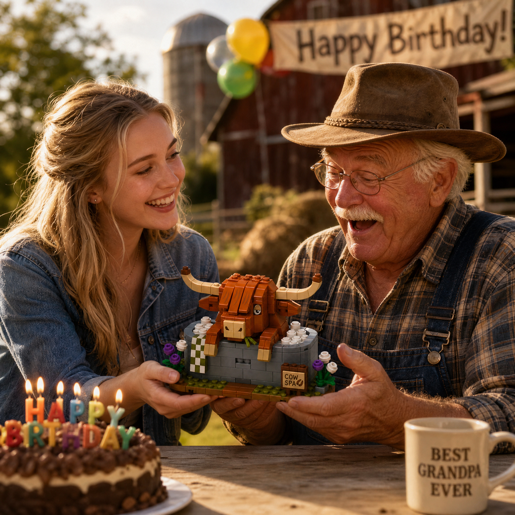Highland Cow Spa Brick Set | Funny Farm Animal Bath Display Building Kit for Adults