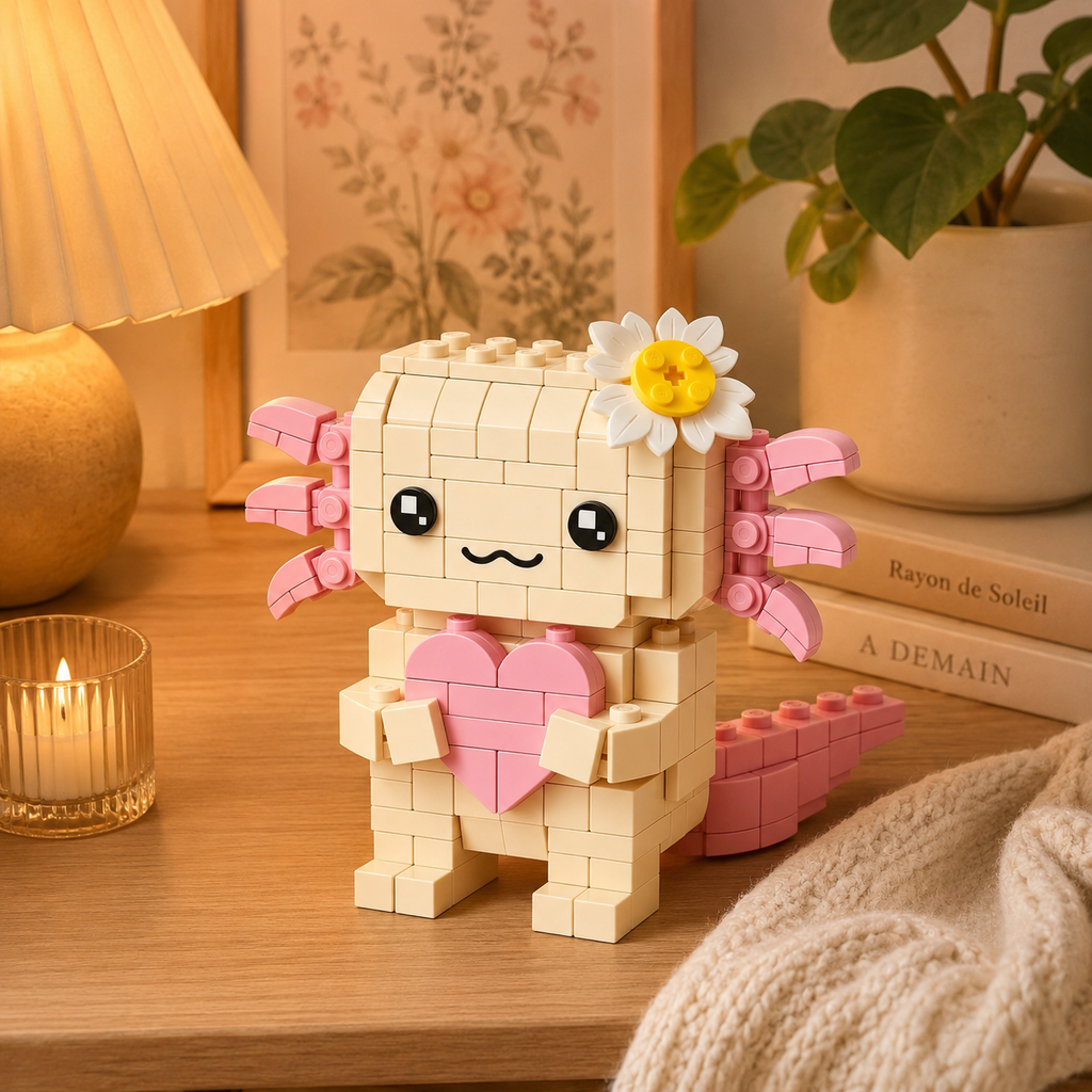 🌸💖 Blooming Axolotl Brick Set 💖🌸 A Sweet Little Friend Holding a Heart