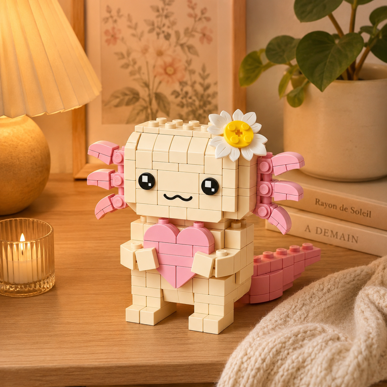 🌸💖 Blooming Axolotl Brick Set 💖🌸 A Sweet Little Friend Holding a Heart