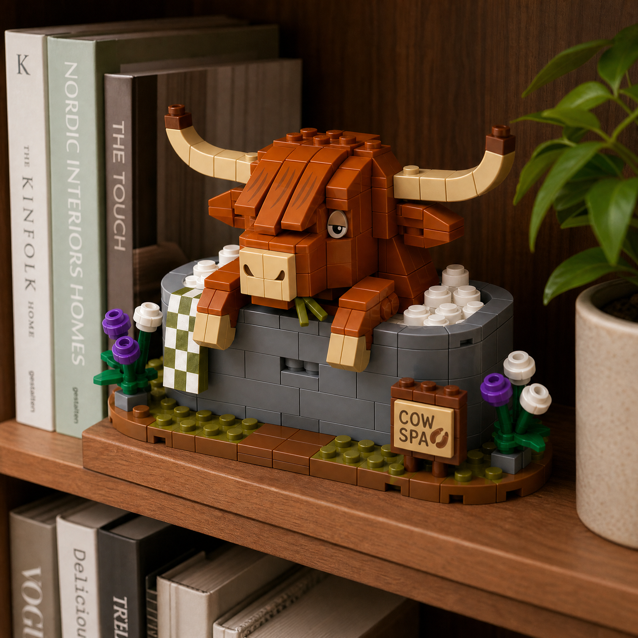 Highland Cow Spa Brick Set | Funny Farm Animal Bath Display Building Kit for Adults