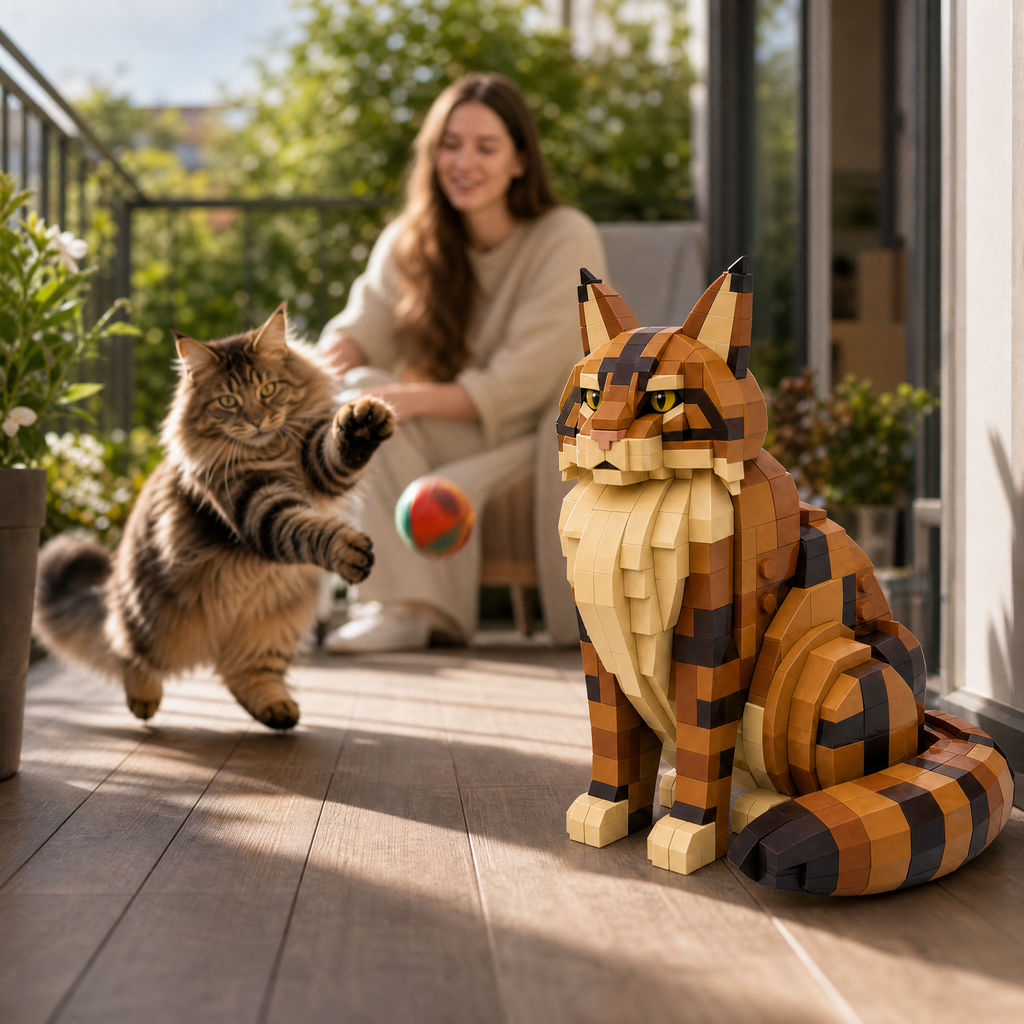 Tabby Maine Coon Cat Building Block Set | Majestic Cat Display Model for Adults
