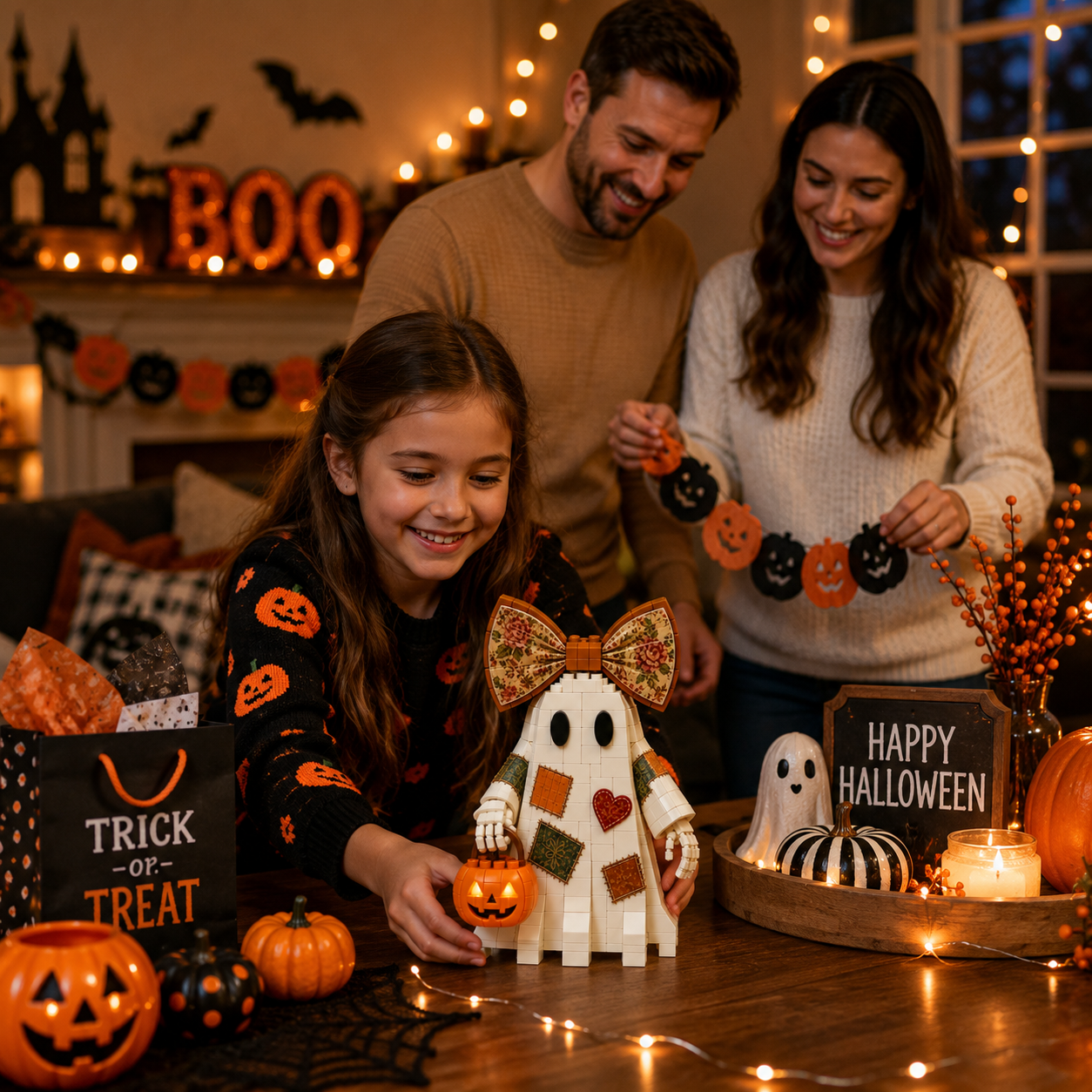 👻🎀 Collectible Country Floral Bow Ghost Brick Set With Pumpkin Pail 🎃✨