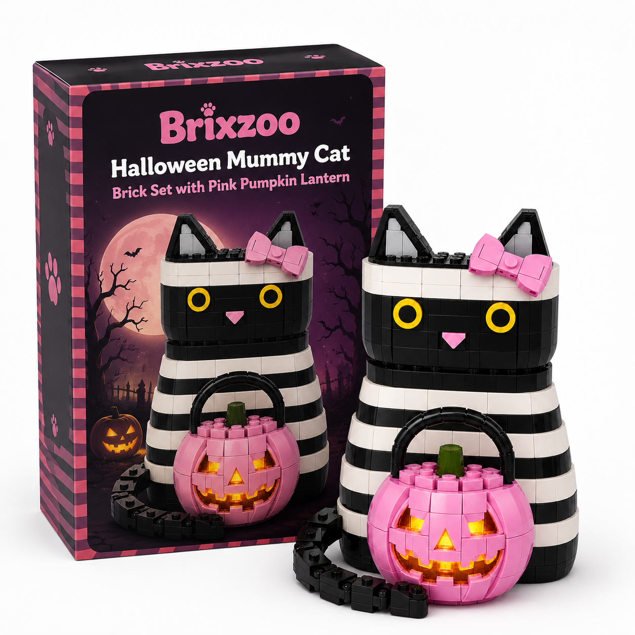 🎃🐱 Halloween Mummy Cat Brick Set with Pink Pumpkin Lantern