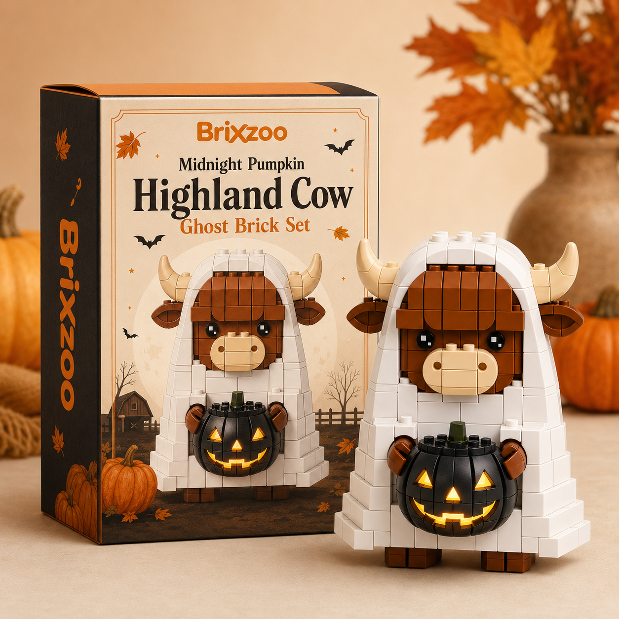🐮👻 Midnight Pumpkin Highland Cow Ghost Brick Set 🎃✨