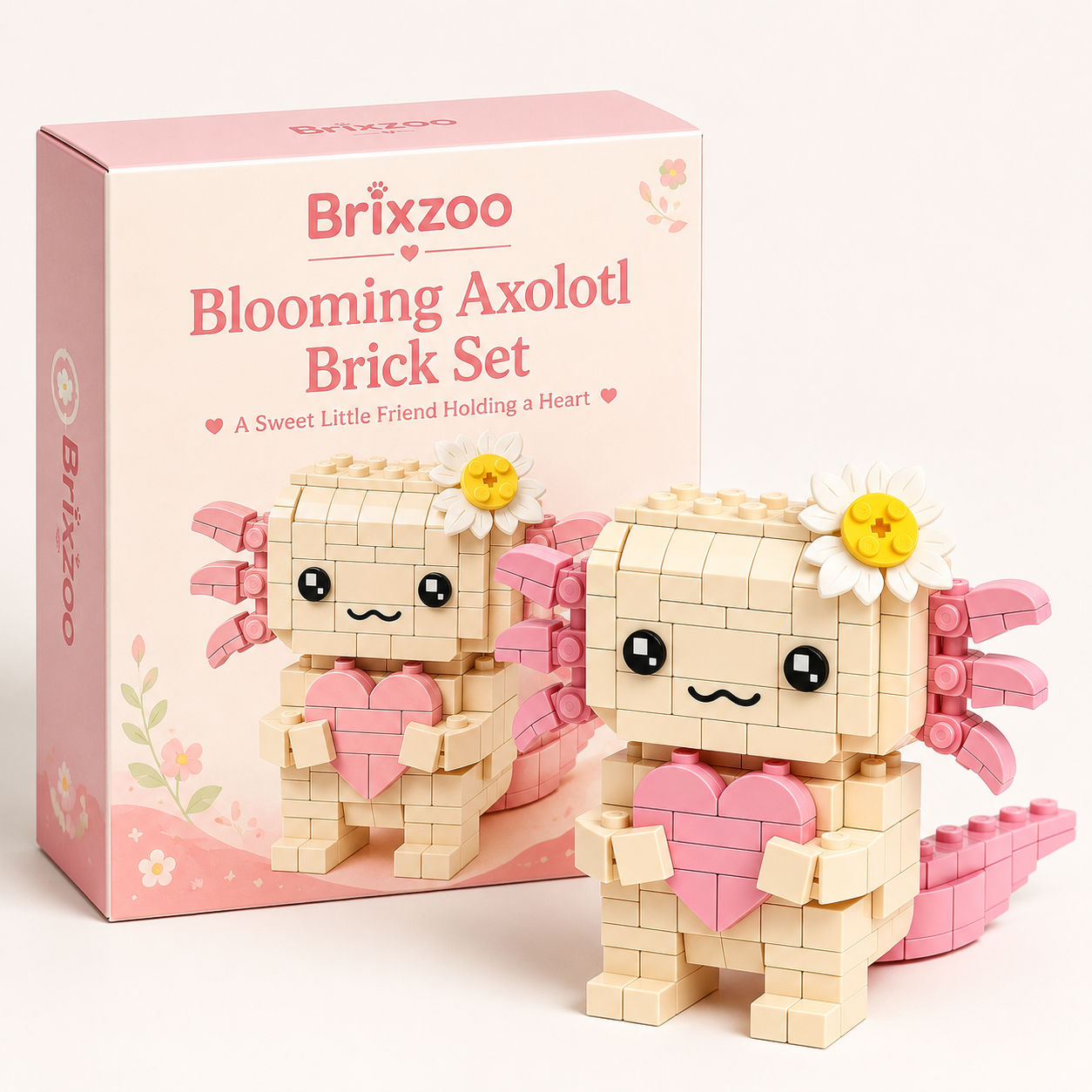 🌸💖 Blooming Axolotl Brick Set 💖🌸 A Sweet Little Friend Holding a Heart