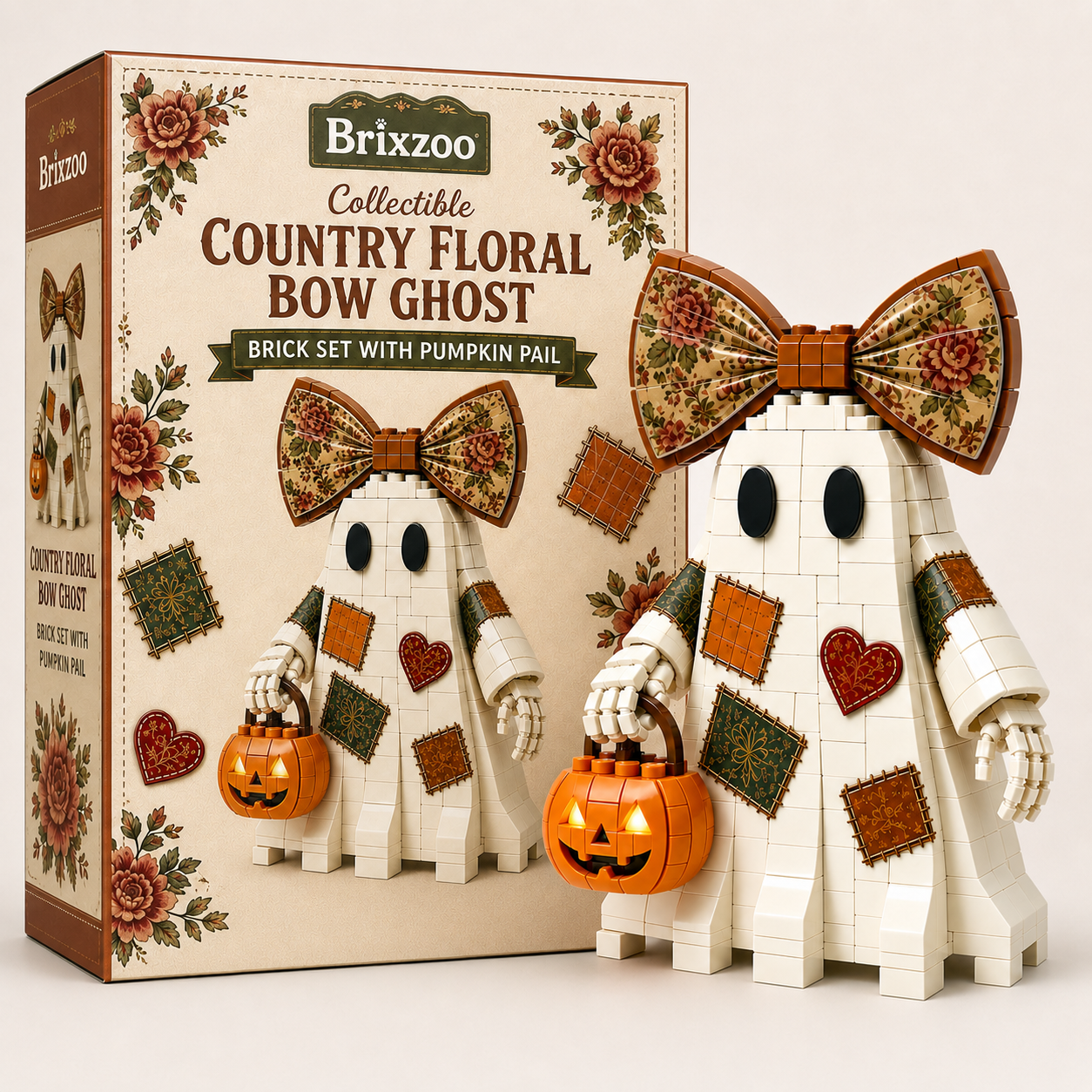 👻🎀 Collectible Country Floral Bow Ghost Brick Set With Pumpkin Pail 🎃✨