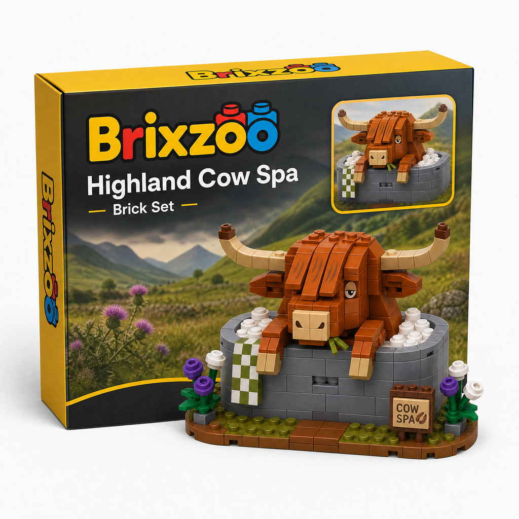 Highland Cow Spa Brick Set | Funny Farm Animal Bath Display Building Kit for Adults