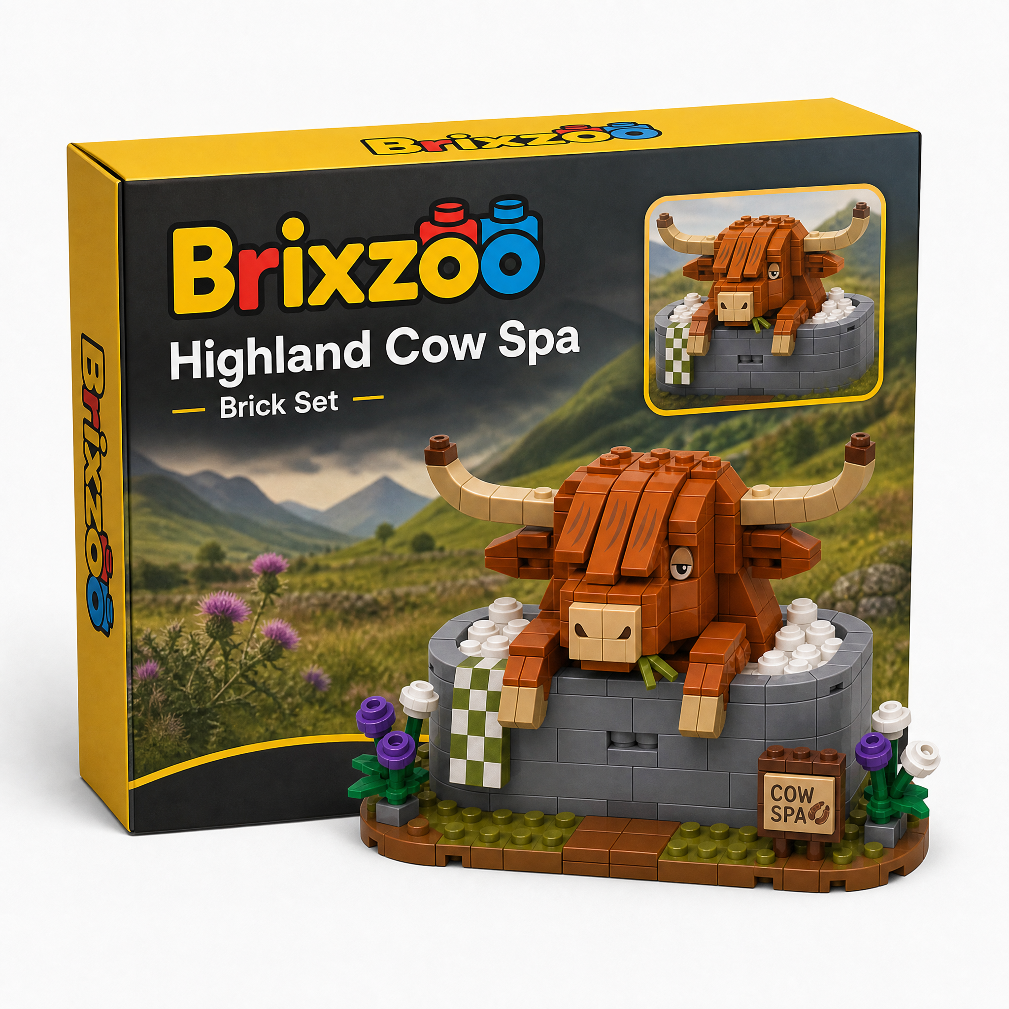 Highland Cow Spa Brick Set | Funny Farm Animal Bath Display Building Kit for Adults