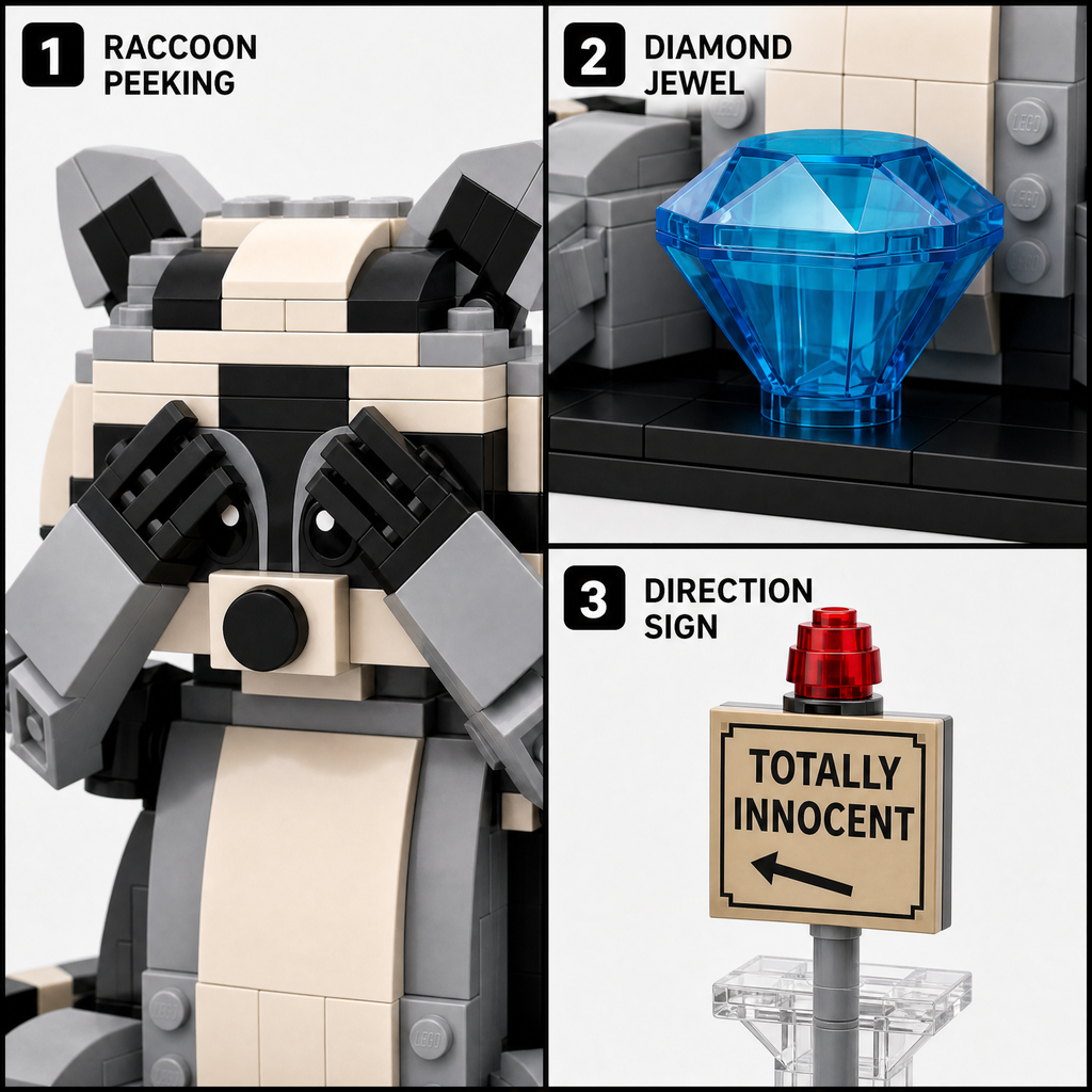 Totally Innocent Raccoon Heist Brick Set | Funny Animal Display Building Kit for Adults