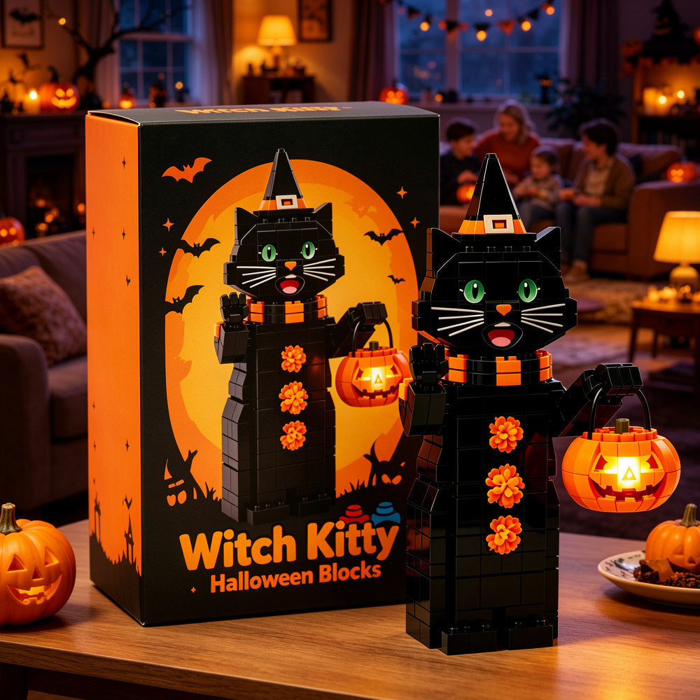 🎃 Halloween Black Witch Cat Building Blocks | Light-Up Pumpkin Pail