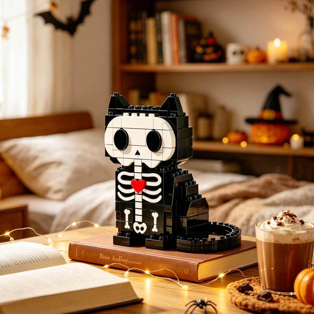 Spooky-Sweet Skeleton Cat Brick Kit 🖤❤️🐾 | Halloween Gothic Building Block Display for Bedroom, Office, Bookshelf & Home Aesthetic Styling
