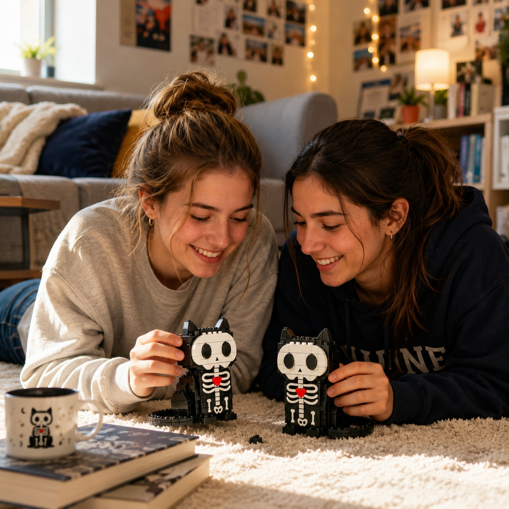 Spooky-Sweet Skeleton Cat Brick Kit 🖤❤️🐾 | Halloween Gothic Building Block Display for Bedroom, Office, Bookshelf & Home Aesthetic Styling