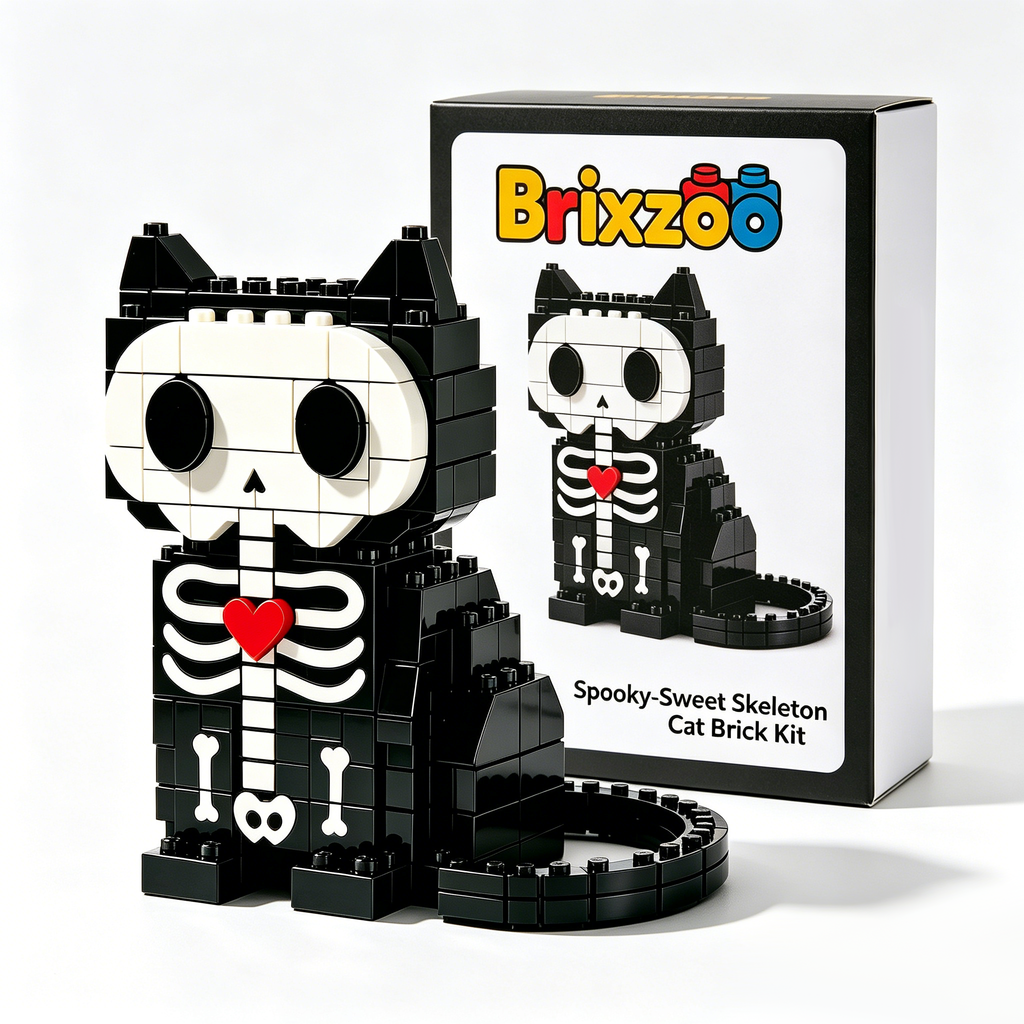 Spooky-Sweet Skeleton Cat Brick Kit 🖤❤️🐾 | Halloween Gothic Building Block Display for Bedroom, Office, Bookshelf & Home Aesthetic Styling