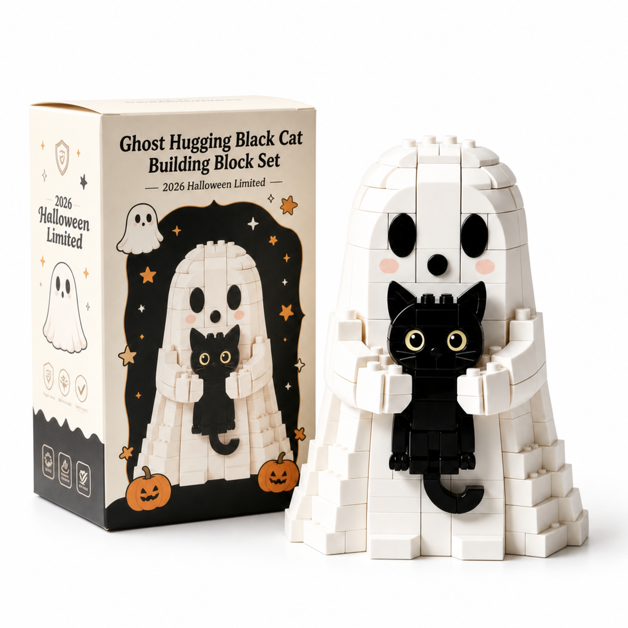 2026 Halloween Limited - Ghost Hugging Black Cat Building Block Set