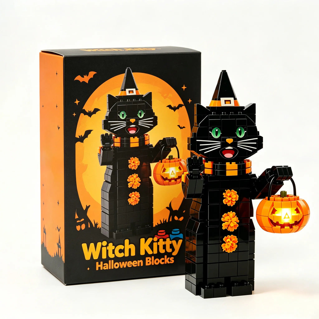 🎃 Halloween Black Witch Cat Building Blocks | Light-Up Pumpkin Pail