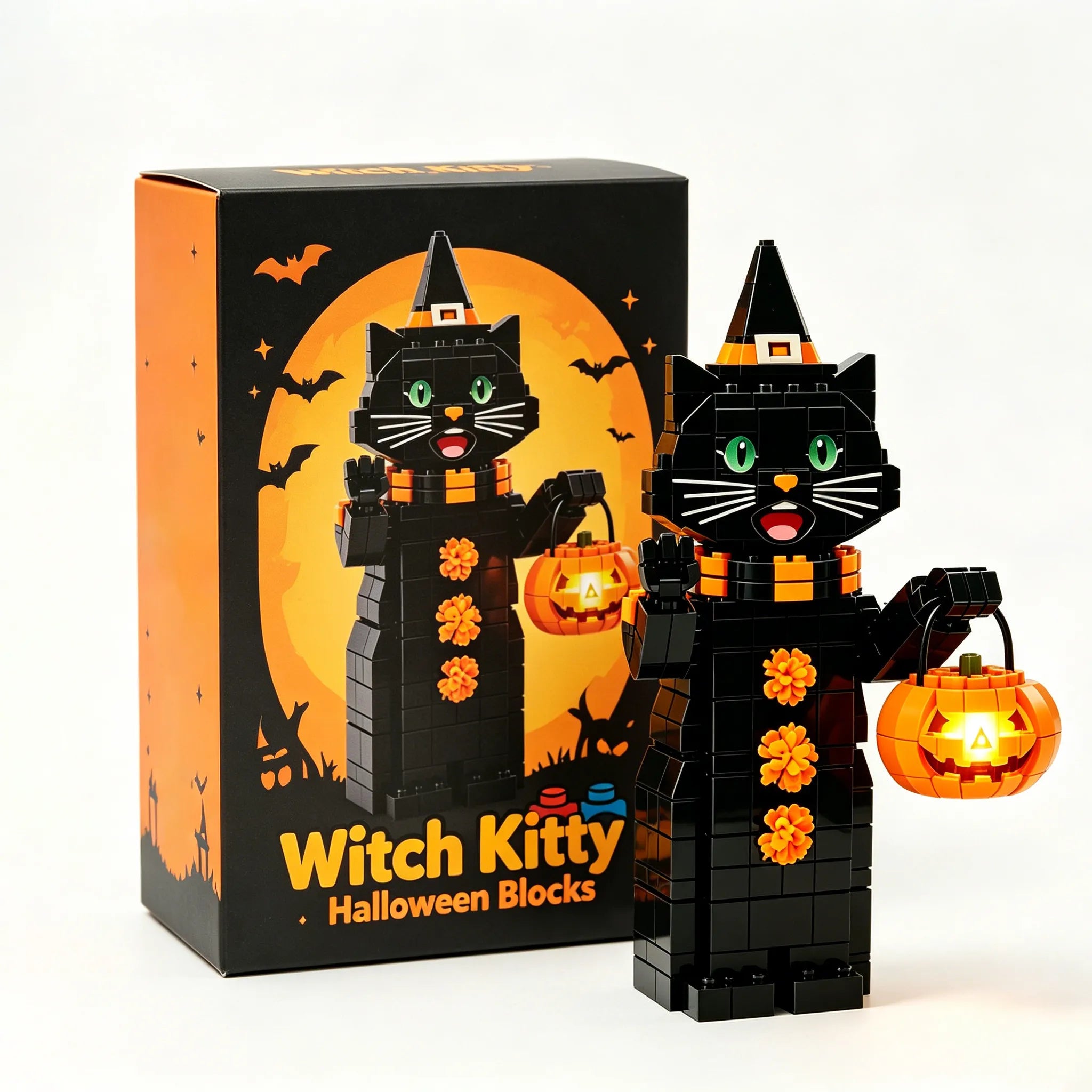 🎃 Halloween Black Witch Cat Building Blocks | Light-Up Pumpkin Pail