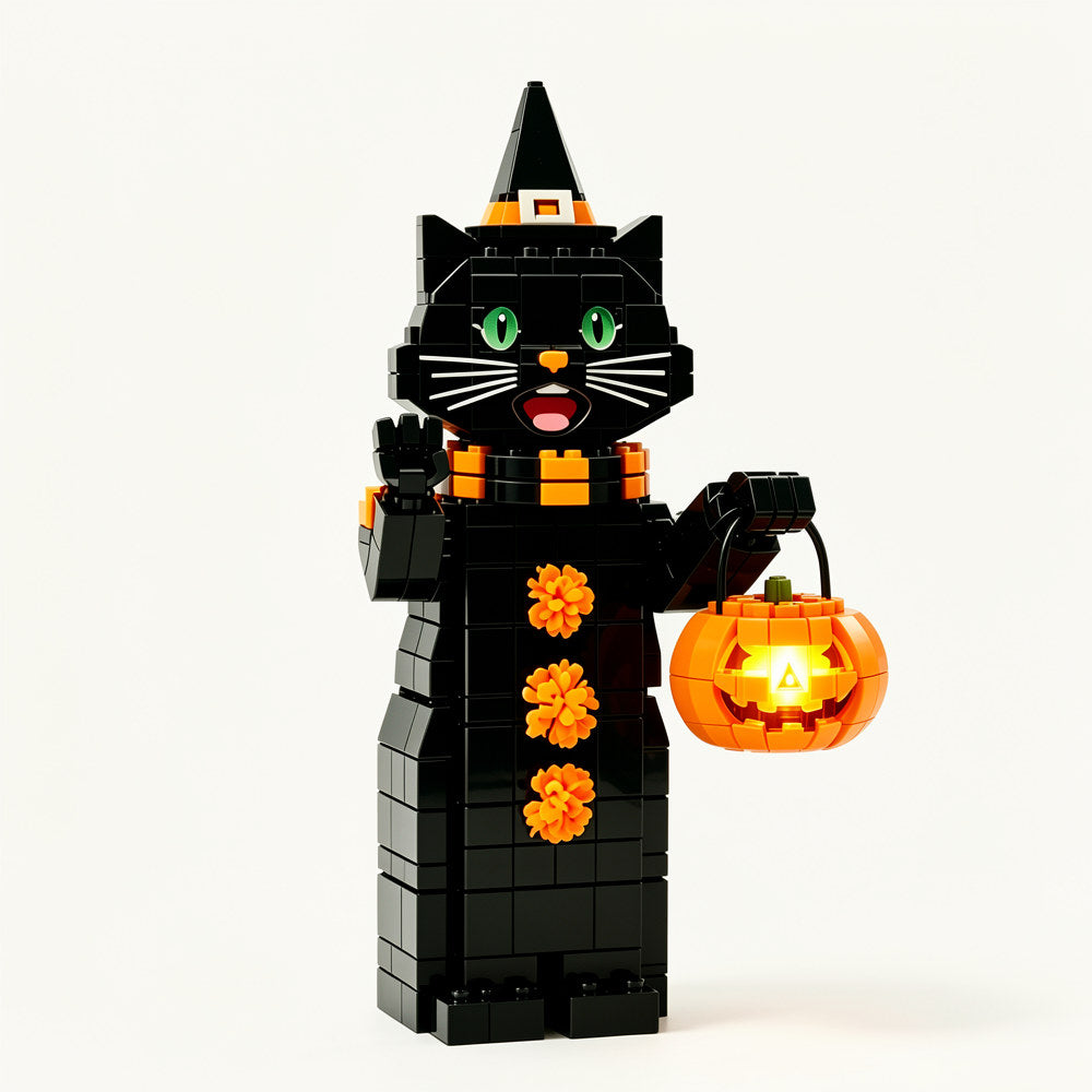 🎃 Halloween Black Witch Cat Building Blocks | Light-Up Pumpkin Pail